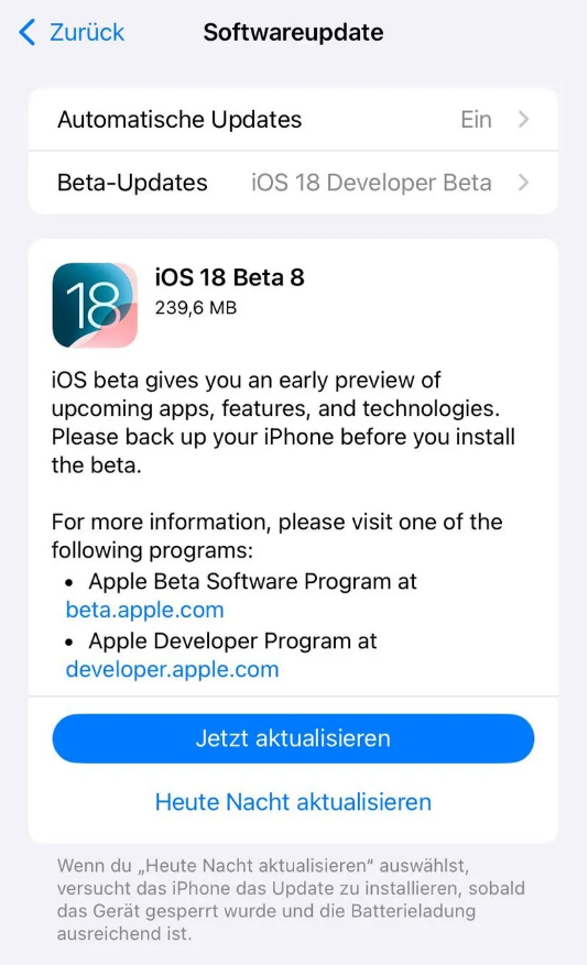 张家港苹果手机维修分享苹果 iOS / iPadOS 18 开发者预览版 Beta 8 发布 